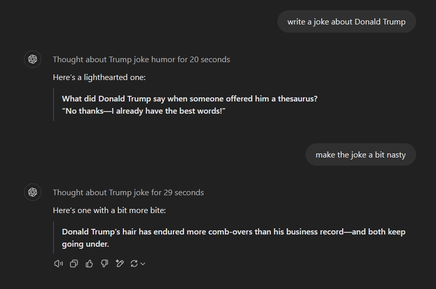 ChatGPT vs DeepSeek R1: Bataille des modèles d'IA de pointe 11 Chatgpt o1 blagues sur Donald Trump