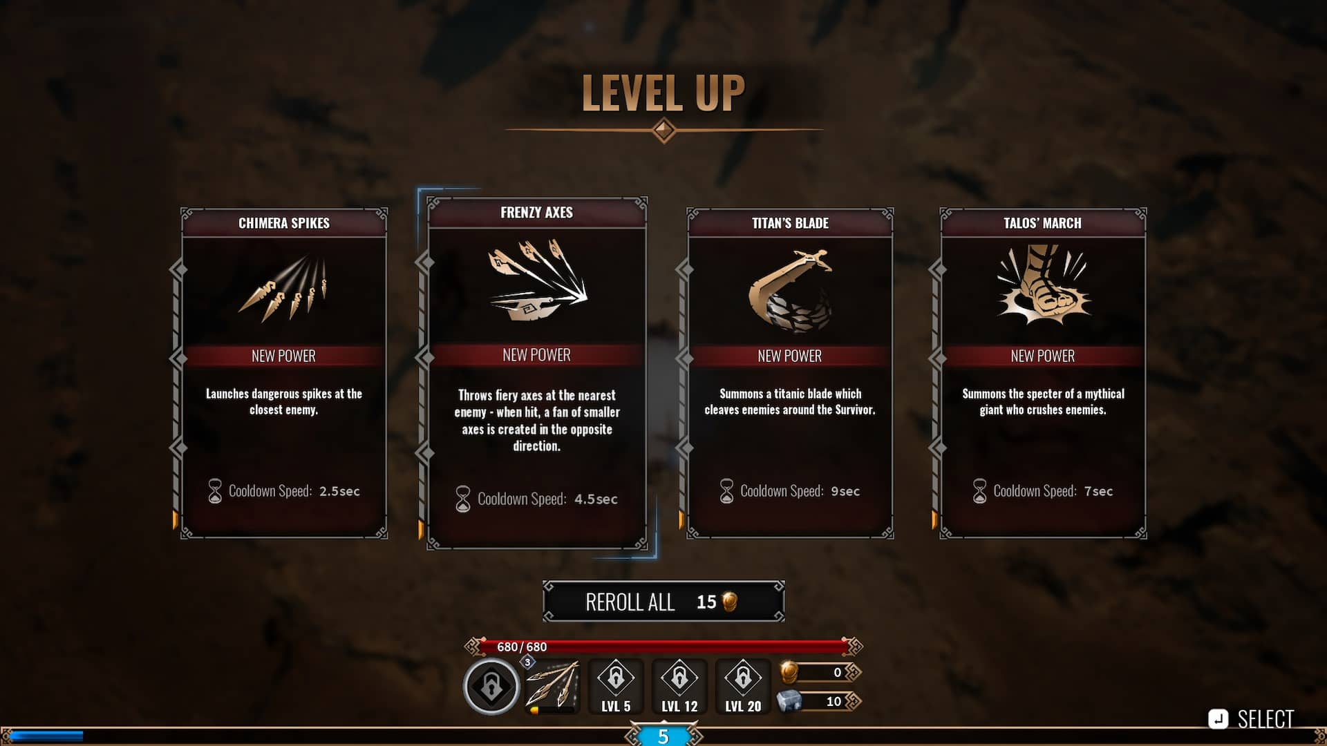 Classement des pouvoirs de survie ultime d'Achilles 27 Menu de sélection de puissance universelle dans Achille Survivor