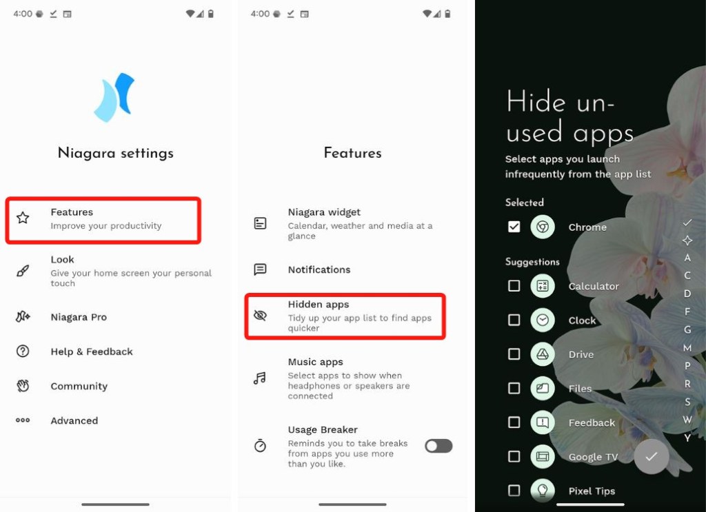 Guide ultime: Comment masquer les applications sur votre téléphone Google Pixel 6 Page Paramètres du lanceur de Niagara avec des applications cachées et sélectionnez les pages d'applications cachées
