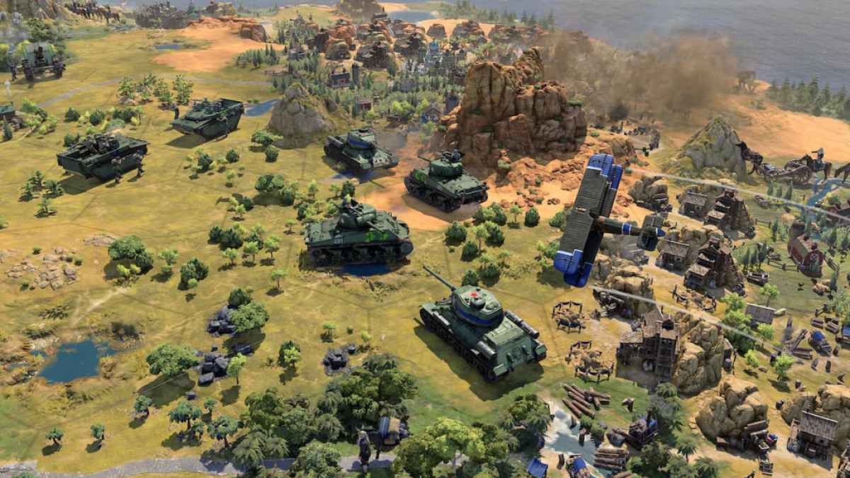 Civilization VII: Explication du jeu interplateforme et de la progression interplateforme 6 Civilisation 7, une carte avec des chars qui se déplaçaient dessus.
