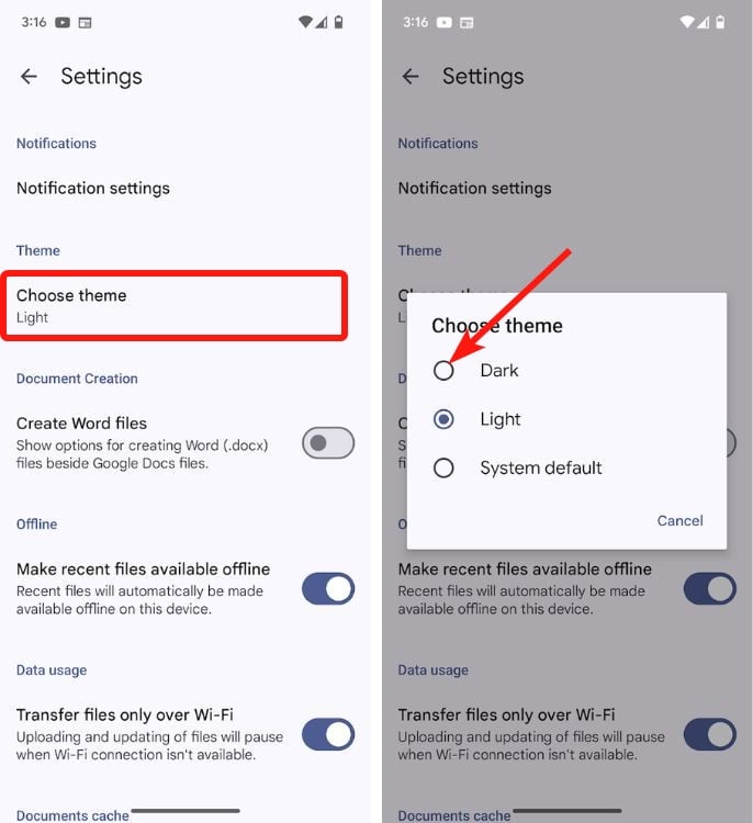 Guide simple pour activer le mode sombre dans Google Docs 6 Paramètres Google Docs avec thème de l'appareil et option de thème sombre