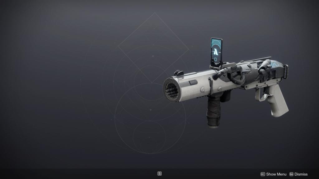 Top 9 des armes du Rite dans Destiny 2 : Guide ultime 15 Le lance-grenades New Pacific Epitaph avec une imagerie des Neuf et privé de son schéma signature blanc et bleu.