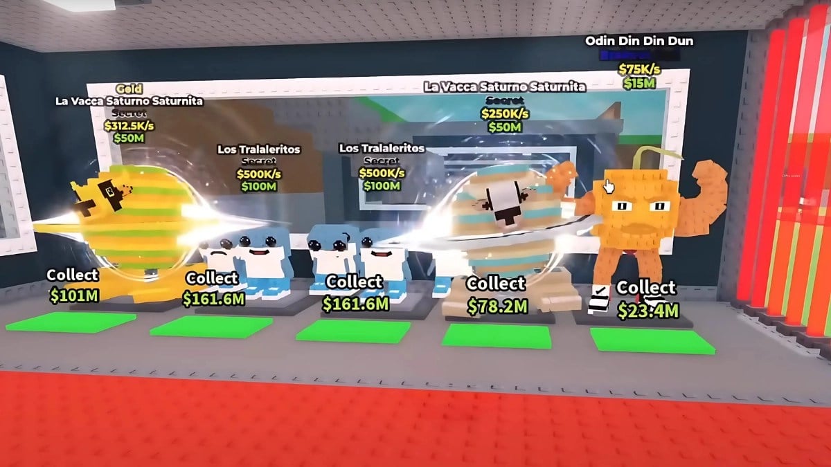 Débloquer le Secret et le Dieu Brainrot Brainrots dans Voler un Brainrot 8 Un joueur montrant Los Tralalelitos et La Vacca Satuirno Saturnita Secret Brainrots dans leur base dans l'expérience Roblox Steal a Brainrot.