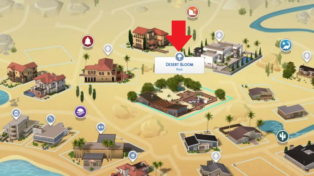 Découvrez les lieux du parc Desert Bloom dans le guide Les Sims 4 6 Desert Bloom Park marqué sur une carte dans The Sims 4