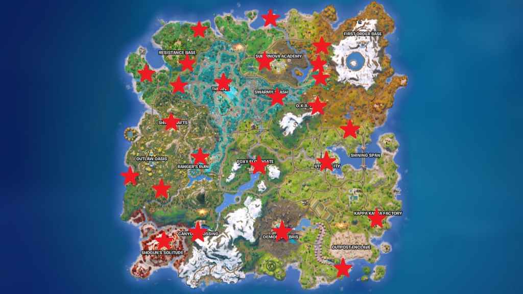 Guide complet de tous les emplacements des briefings SHADOW dans Fortnite Chapitre 6 6 Tous les emplacements des briefings d'ombre marqués sur une carte avec des étoiles rouges dans fortnite
