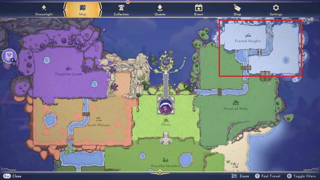Solution de l'énigme gelée : Brisez la glace dans Disney Dreamlight Valley 6 Biomes des hauteurs glacées marqué dans Disney Dreamlight Valley