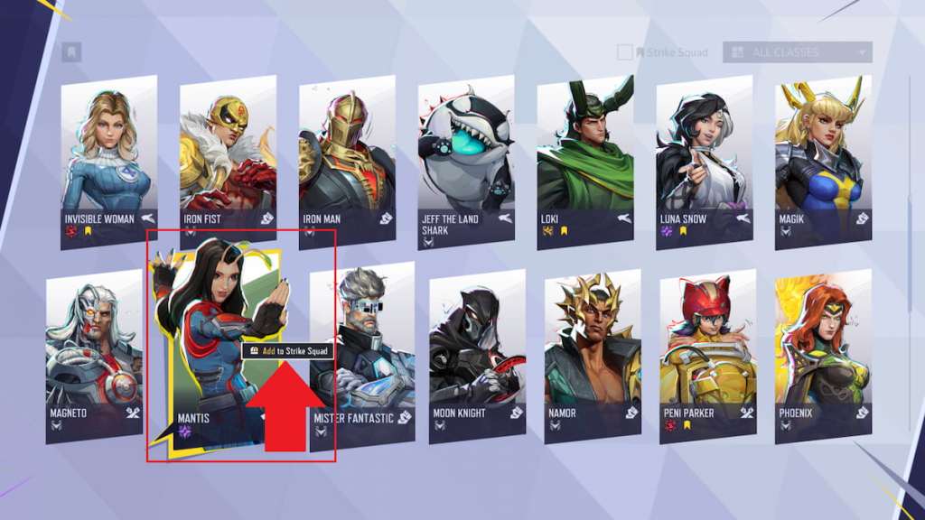 Maîtriser l'Escouade de Frappe dans Marvel Rivals : Un Guide Complet 7 L'option ajouter au strike squad marquée sur Mantis dans Marvel Rivals