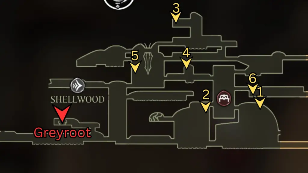 Guide complet de tous les emplacements des cœurs pollips dans Silksong 6 A map screenshot of the Shellwood area in Silksong with locations for all Pollips marked.