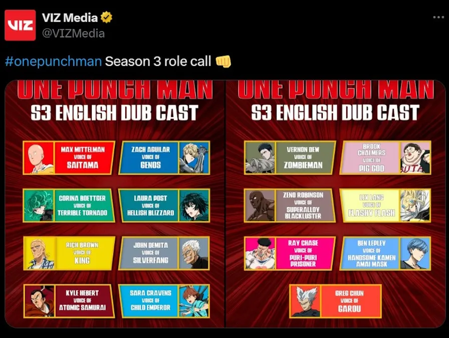 One Punch Man Saison 3 Version Doublée en Anglais : Date et Heure de Sortie Révélées 7 Distribution du doublage anglais de OPM Saison 3