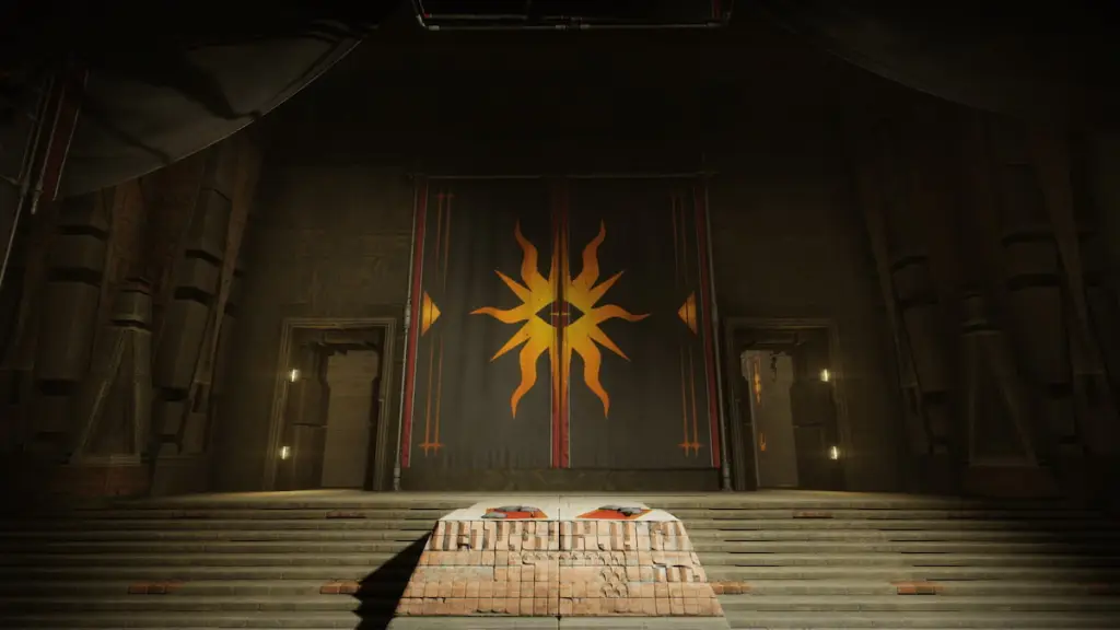 Destiny 2 : Comment obtenir les honneurs de la conspiration et meilleurs conseils 9 L'intérieur du temple Praxic dans Équilibre, vu avec un sigil sur un mur.