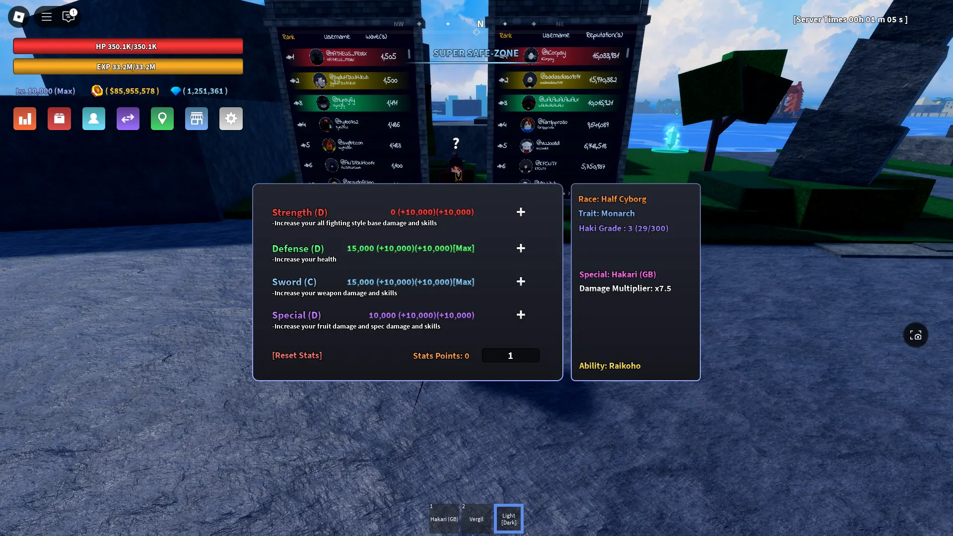 Guide des traits et classement des vers Ragna Noël Ultime 46 Aperçu du menu des statistiques avec le trait Monarque dans l'expérience Verse Piece Roblox