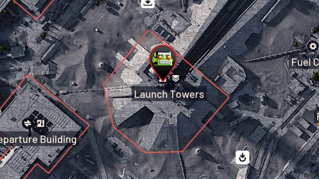 ARC Raiders : Guide de localisation des ventilateurs de refroidissement 6 Launch Towers on a 3D render of the Spaceport map in ARC Raiders.