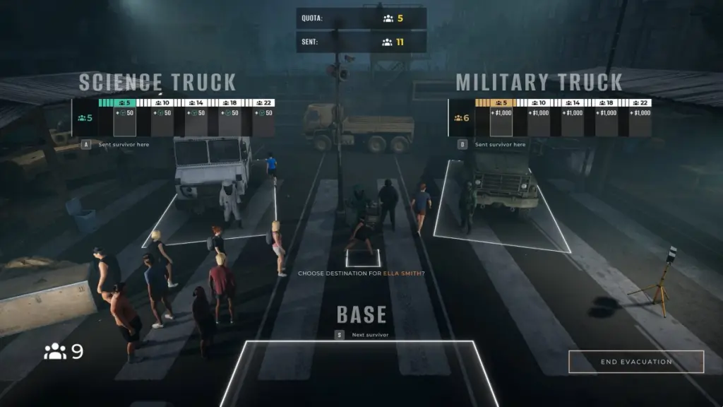 Le dernier chèque : Toutes les fins et comment les obtenir 6 Évacuation des survivants avec des personnes faisant la queue, attendant d'aller soit au camion scientifique, soit au camion militaire