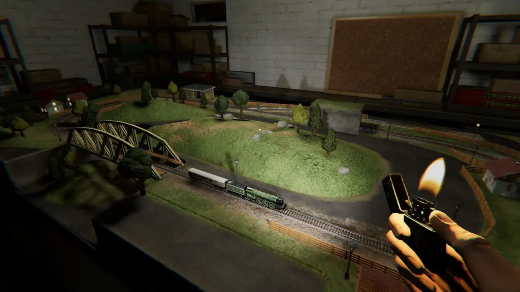Guide Phasmophobia du Train : Comment l'Allumer et l'Utiliser 6 Holding a lighter and standing by a train set in basement in phasmophobia