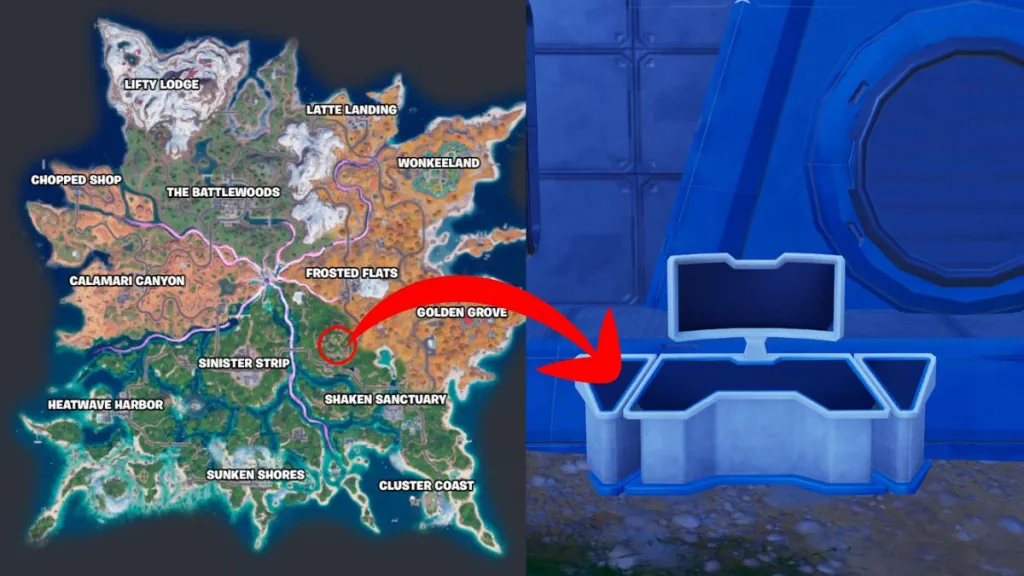 Comment activer la console et connecter la Forme dans Fortnite 6 Fortnite Chapter 7 Season 3 with the location of the Shape console and an image of the Shape Console